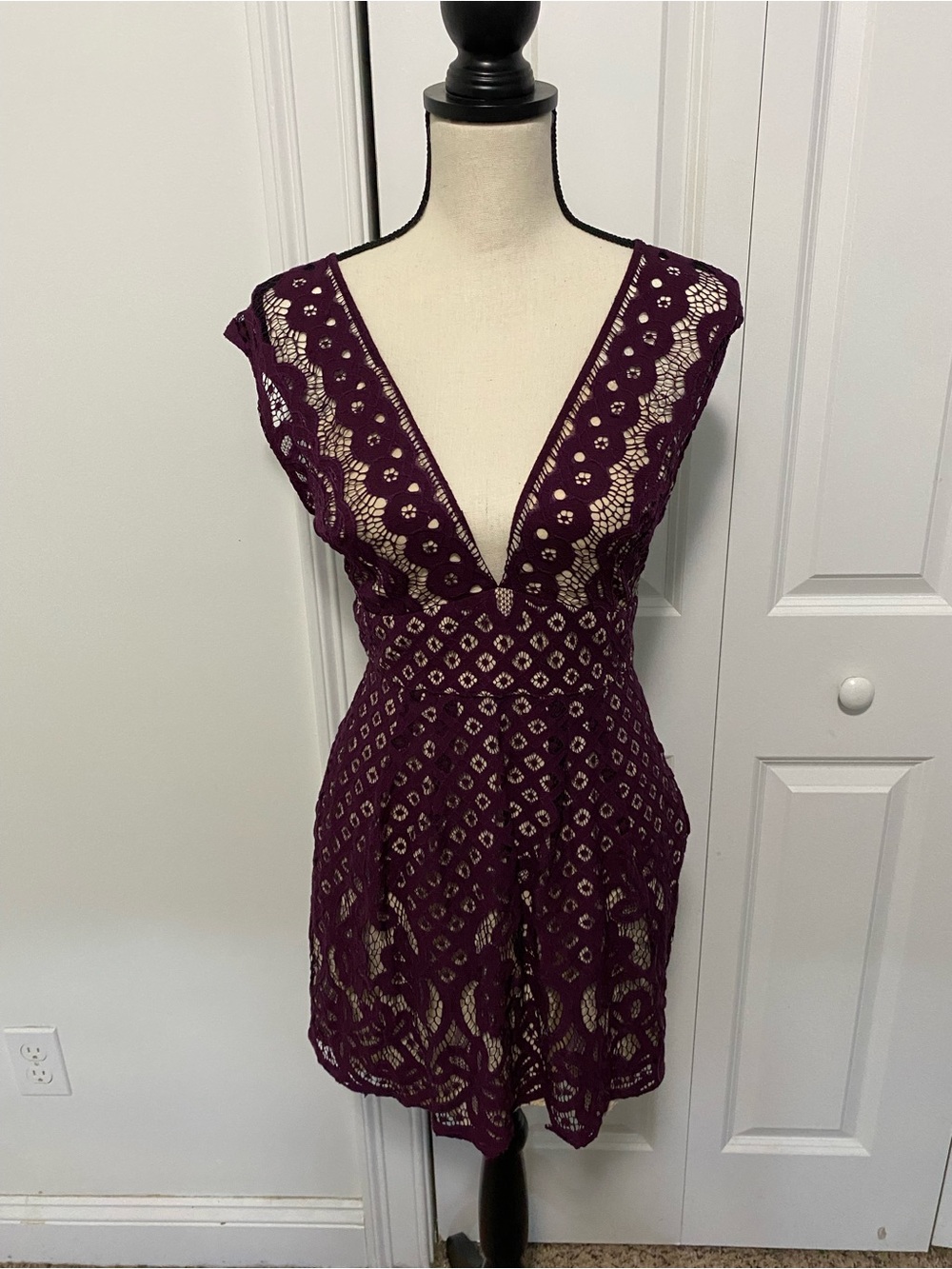 Free People Plunging Lace A-Line Dress in Deep Plum
